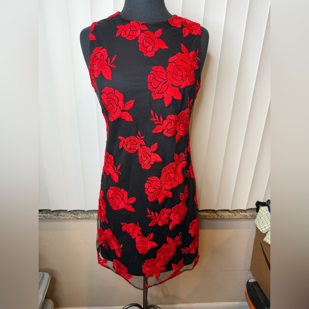 Donna Karan sleeveless sheer black sheath dress embroidered red roses Size 2